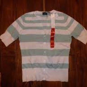 Kersh Womens White and Green Striped V-Neck 1/2 Sleeve Cardigan Sweater NWT